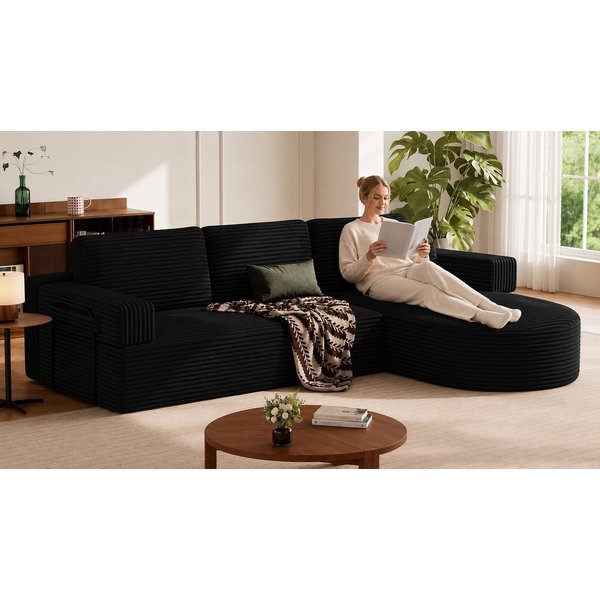 Patbrela Ecksofa Cord Schlafsofa L Form 265cm mit Abgerundeter Chaise Longue
