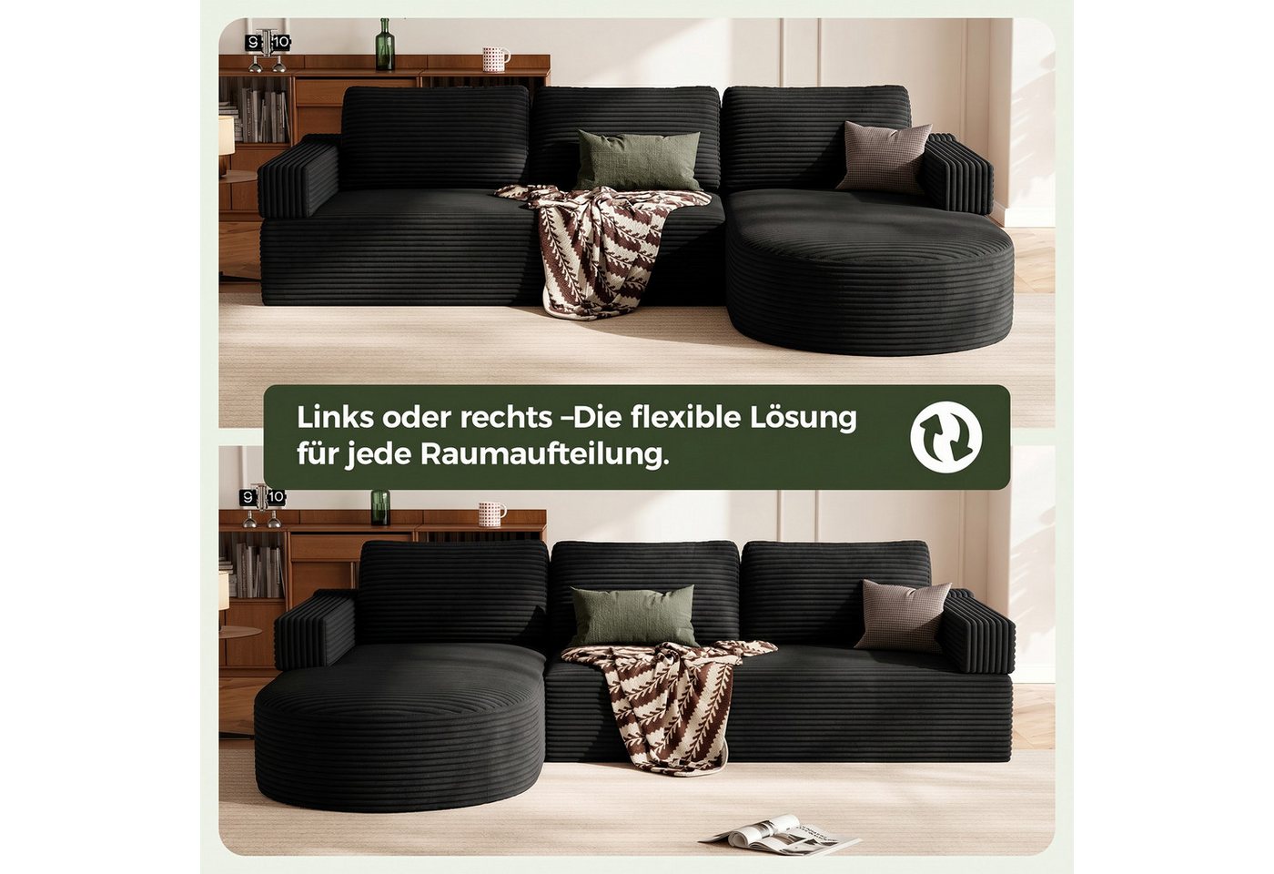 Patbrela Ecksofa Cord Schlafsofa L Form 265cm mit Abgerundeter Chaise Longue – Bild 2 von 5
