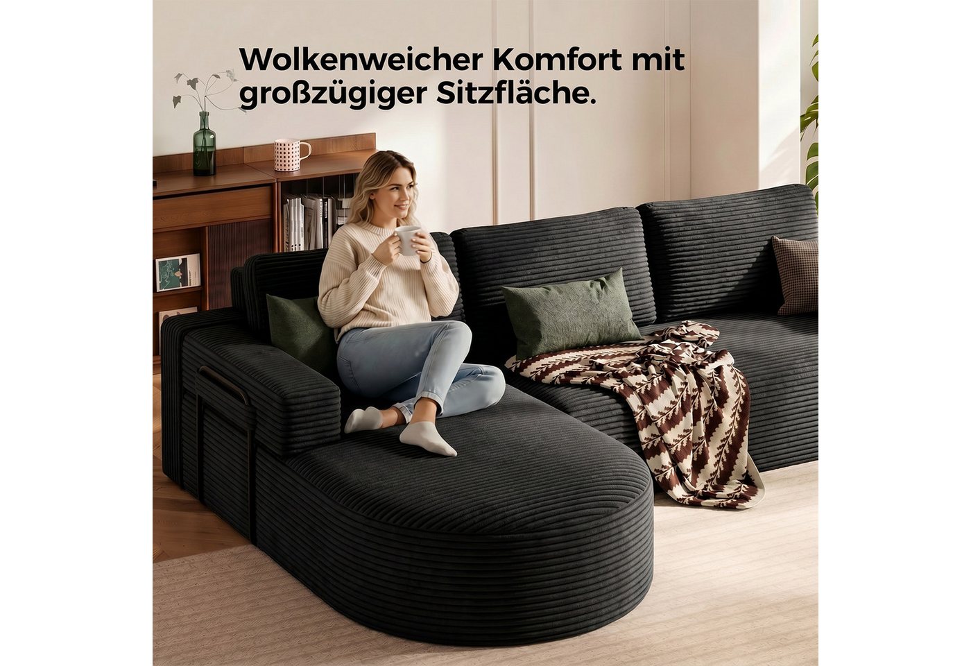 Patbrela Ecksofa Cord Schlafsofa L Form 265cm mit Abgerundeter Chaise Longue – Bild 4 von 5