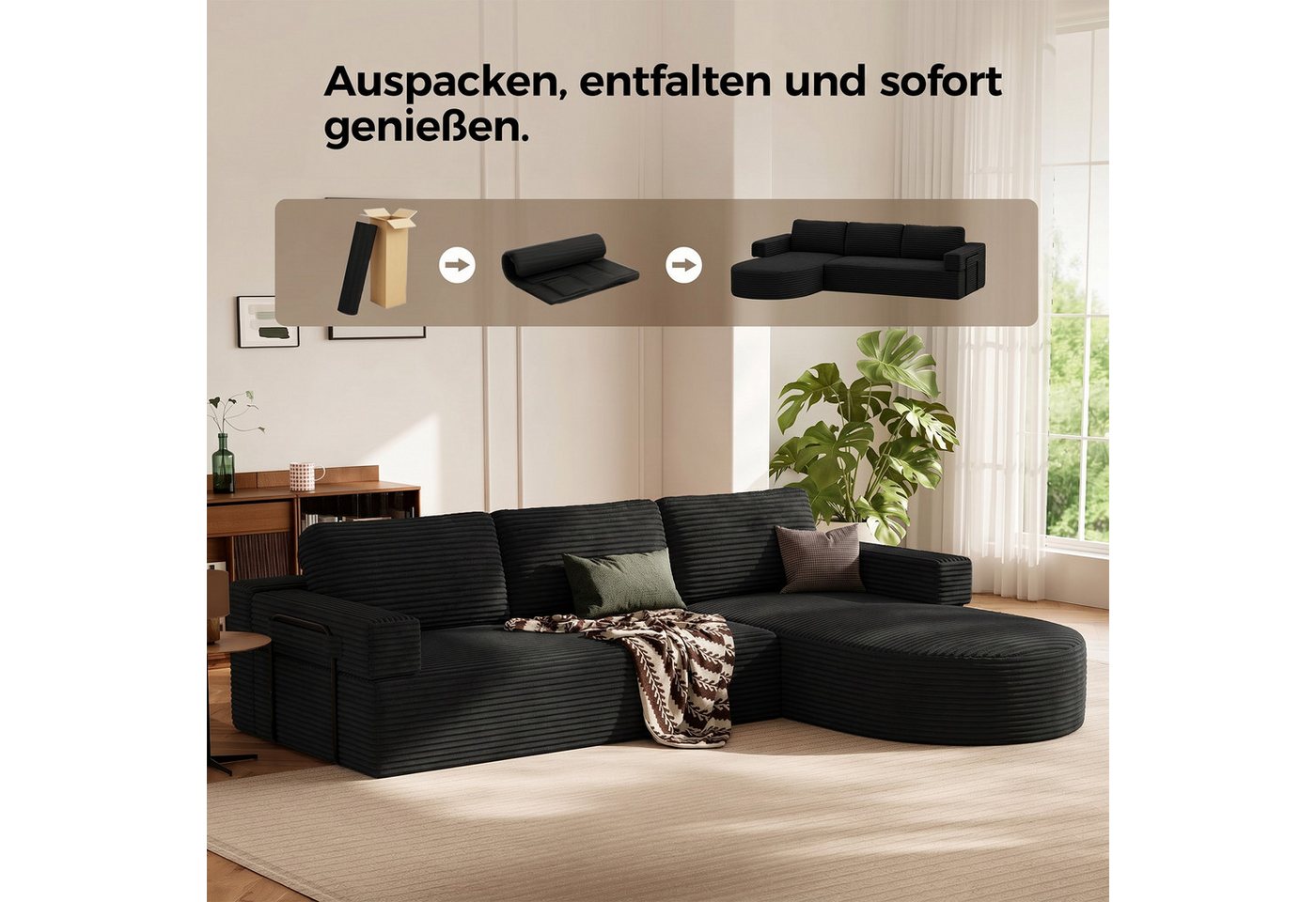 Patbrela Ecksofa Cord Schlafsofa L Form 265cm mit Abgerundeter Chaise Longue – Bild 5 von 5