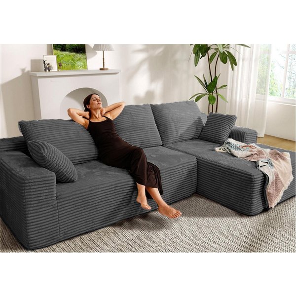 Patbrela Ecksofa Couch L-Form 263cm, Sofa Links Samtstoff Vierersofa mit Liegefläche, keine Montage erforderlich