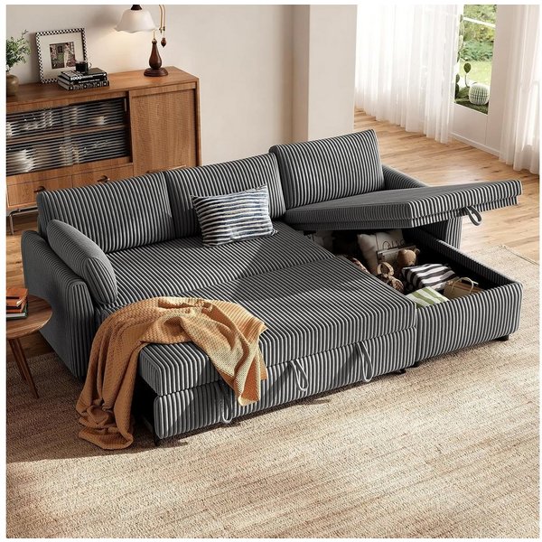 Patbrela Ecksofa mit Schlaffunktion, L-Form Ausziehbares Sofa mit Stauraum, Extra tiefe Sitzfläche, Links/Rechts montierbare Ottomane