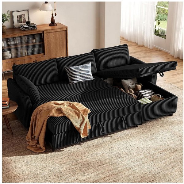 Patbrela Ecksofa mit Schlaffunktion, L-Form Ausziehbares Sofa mit Stauraum, Extra tiefe Sitzfläche, Links/Rechts montierbare Ottomane