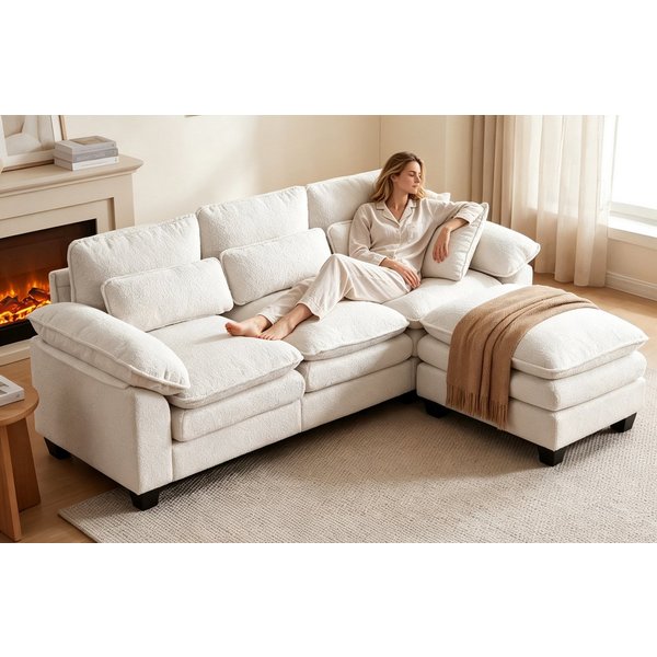 Patbrela Ecksofa modulares Sofa,15 cm dickes Sitzkissen,Breite 226/283cm, Schlafsofa,Angenehmer Teddy-Stoff,Einfache Montage