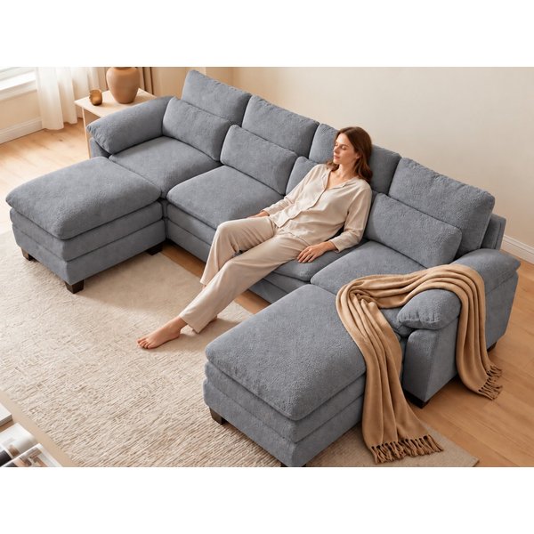 Patbrela Ecksofa modulares Sofa,15 cm dickes Sitzkissen,Breite 226/283cm, Schlafsofa,Angenehmer Teddy-Stoff,Einfache Montage