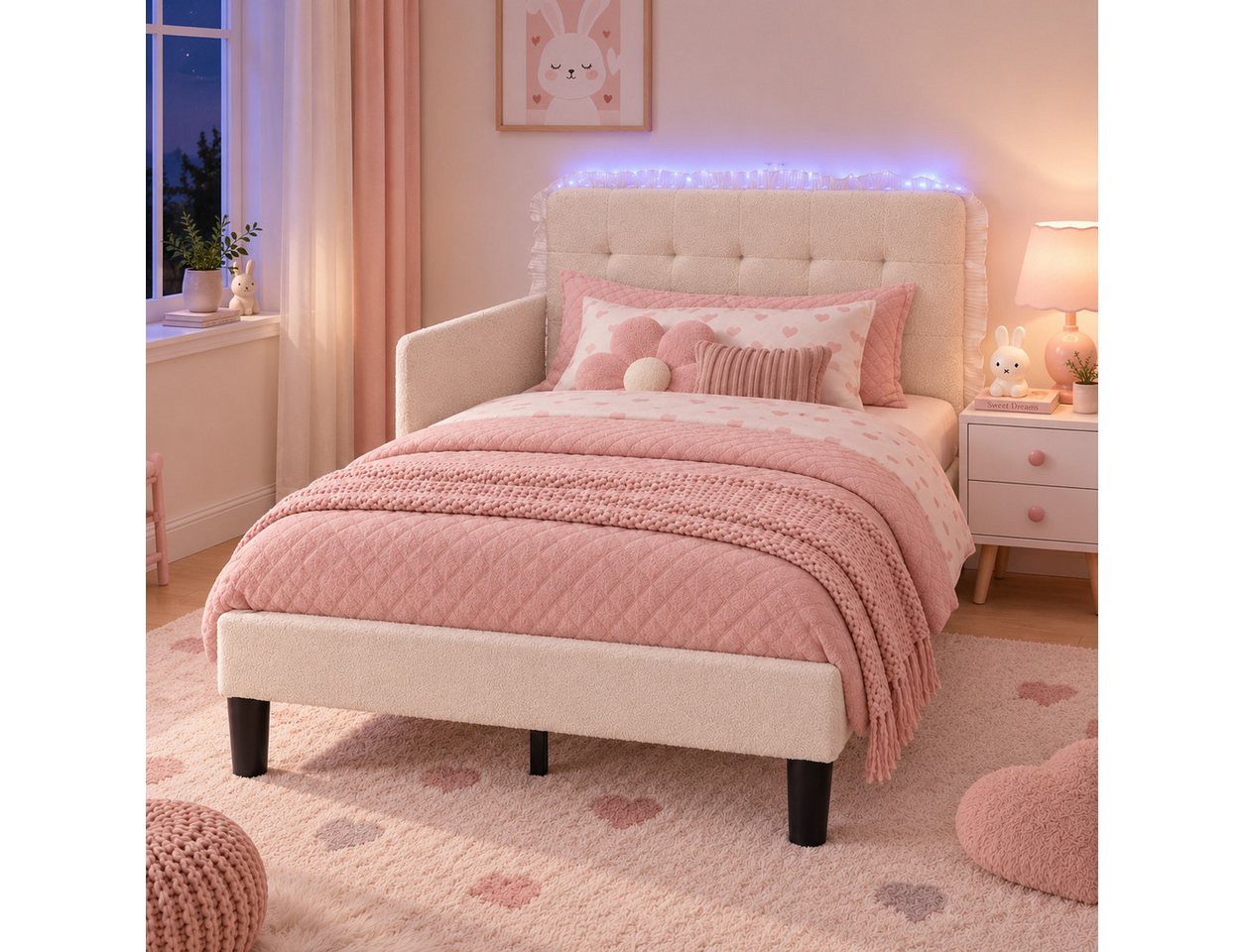 Patbrela Kinderbett Mädchenbett 90 × 200 cm mit Rausfallschutz, Teddyfleece-Bezug, LED-Licht, Lattenrost & höhenverstellbarem Wand-Kopfteil, Cremeweiß – Bild 2 von 5