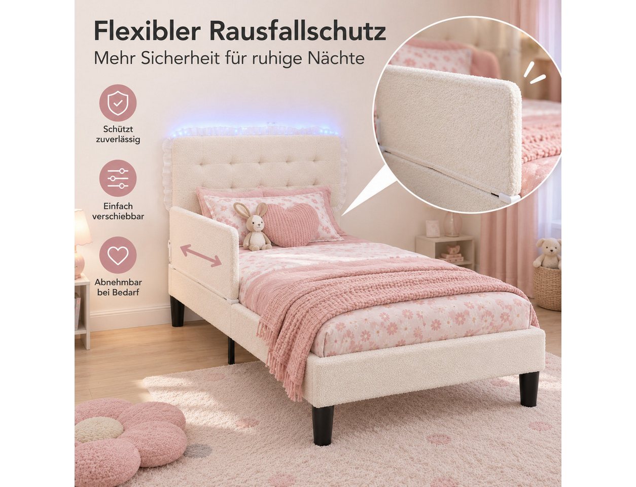 Patbrela Kinderbett Mädchenbett 90 × 200 cm mit Rausfallschutz, Teddyfleece-Bezug, LED-Licht, Lattenrost & höhenverstellbarem Wand-Kopfteil, Cremeweiß – Bild 3 von 5