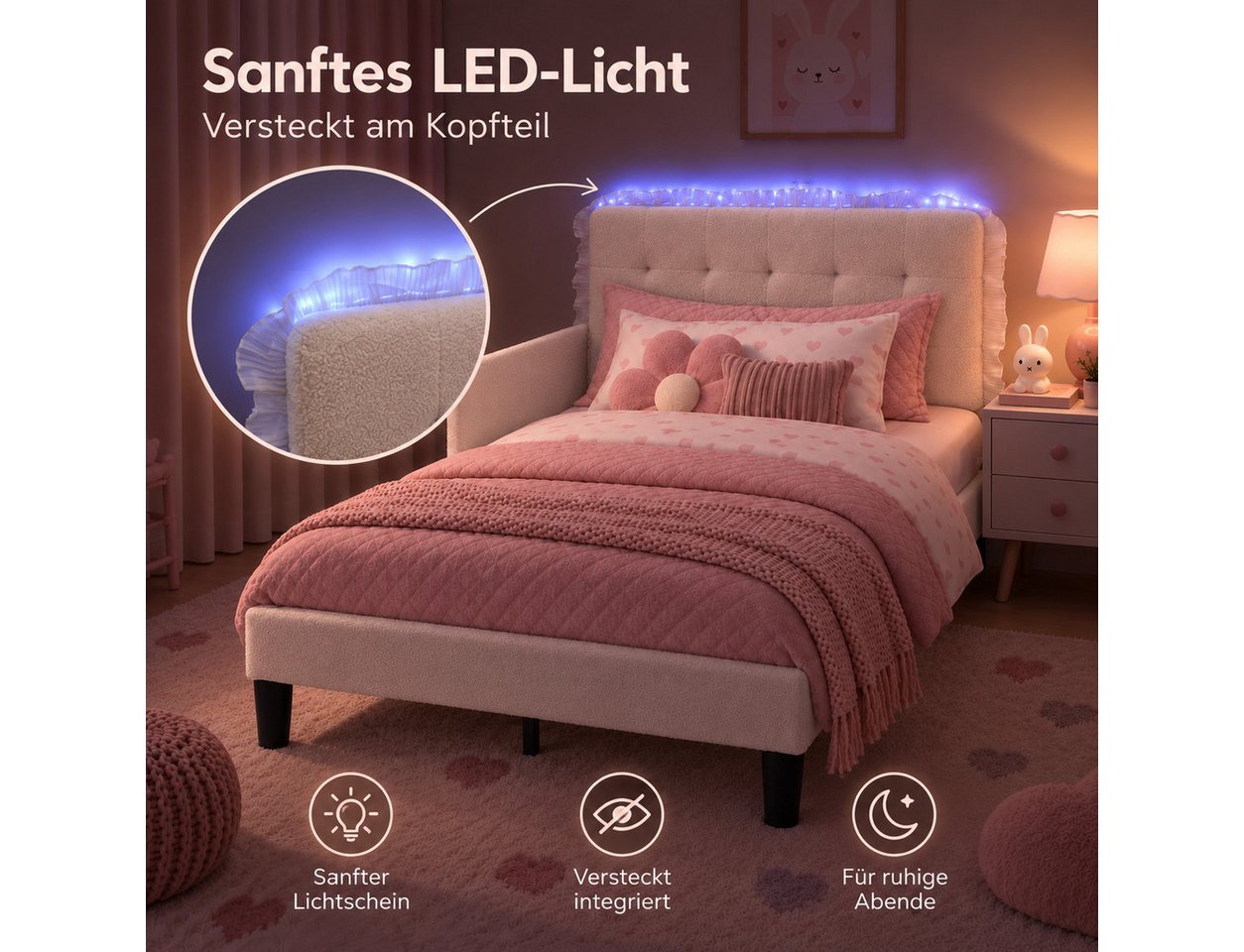 Patbrela Kinderbett Mädchenbett 90 × 200 cm mit Rausfallschutz, Teddyfleece-Bezug, LED-Licht, Lattenrost & höhenverstellbarem Wand-Kopfteil, Cremeweiß – Bild 4 von 5