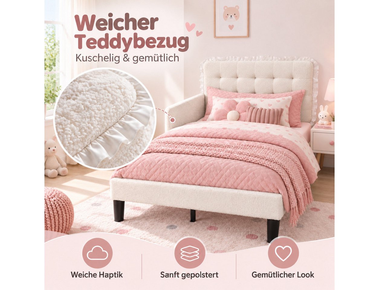 Patbrela Kinderbett Mädchenbett 90 × 200 cm mit Rausfallschutz, Teddyfleece-Bezug, LED-Licht, Lattenrost & höhenverstellbarem Wand-Kopfteil, Cremeweiß – Bild 5 von 5