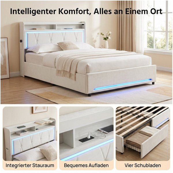 Patbrela Polsterbett mit LED-Beleuchtung, Steckdose und 4 Schubladen, 140x200 / 160x200 cm Samtbett in Beige mit Doppel-Ablage am Kopfteil