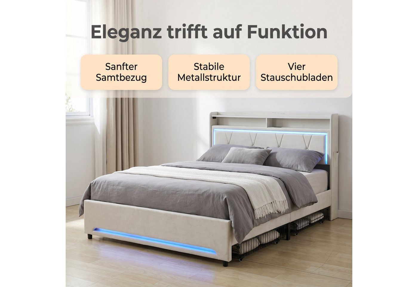Patbrela Polsterbett mit LED-Beleuchtung, Steckdose und 4 Schubladen, 140x200 / 160x200 cm Samtbett in Beige mit Doppel-Ablage am Kopfteil – Bild 2 von 5