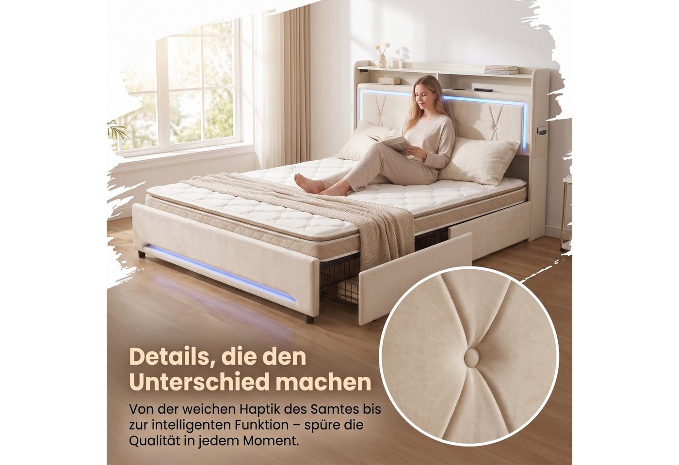 Patbrela Polsterbett mit LED-Beleuchtung, Steckdose und 4 Schubladen, 140x200 / 160x200 cm Samtbett in Beige mit Doppel-Ablage am Kopfteil – Bild 3 von 5
