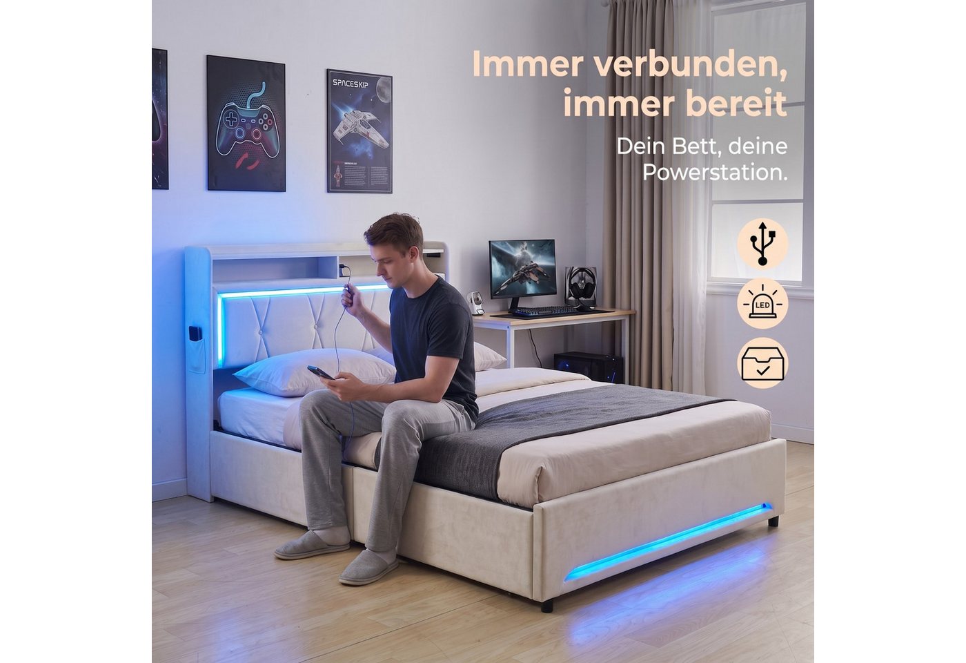 Patbrela Polsterbett mit LED-Beleuchtung, Steckdose und 4 Schubladen, 140x200 / 160x200 cm Samtbett in Beige mit Doppel-Ablage am Kopfteil – Bild 4 von 5