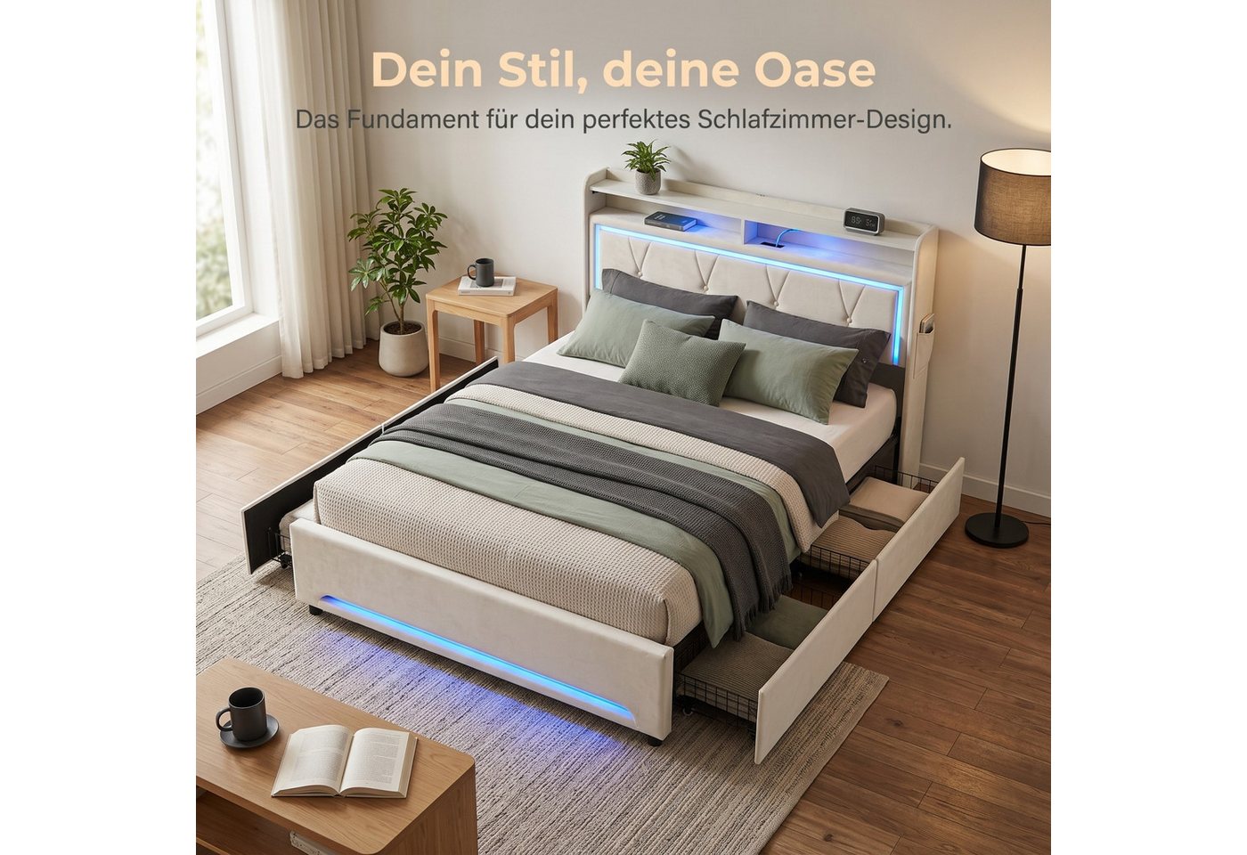 Patbrela Polsterbett mit LED-Beleuchtung, Steckdose und 4 Schubladen, 140x200 / 160x200 cm Samtbett in Beige mit Doppel-Ablage am Kopfteil – Bild 5 von 5