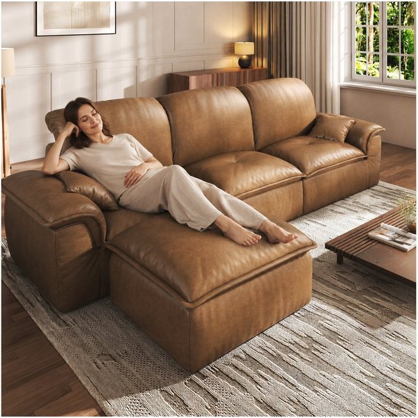 Patbrela Wohnlandschaft 3-Sitzer mit Longchair, Weiches Lederoptik Wolkensofa für Wohnzimmer, Vintage Sofa 280cm L-Form, Keine Montage erforderlich