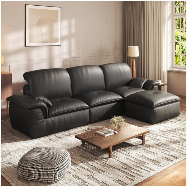 Patbrela Wohnlandschaft 3-Sitzer mit Longchair, Weiches Lederoptik Wolkensofa für Wohnzimmer, Vintage Sofa 280cm L-Form, Keine Montage erforderlich