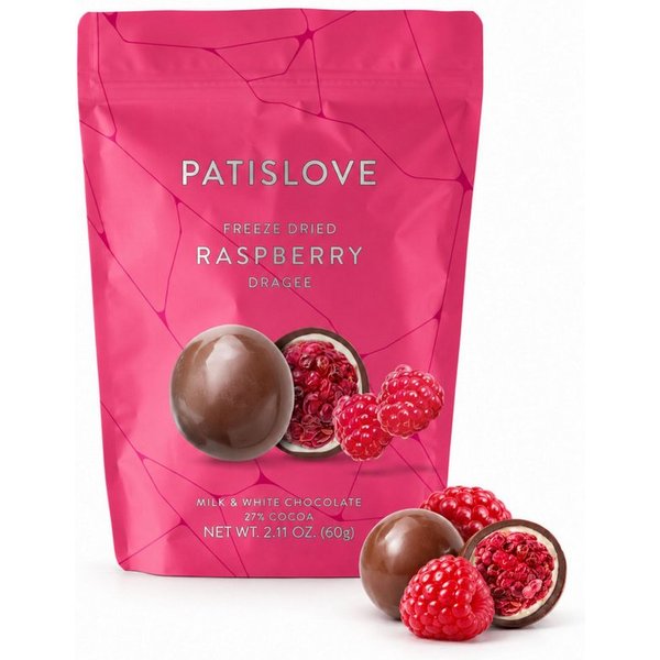 PATISLOVE Schokolade Himbeer Dragees, gefriergetrocknete Himbeeren, Vollmilch & weiß, 1 x 60 g, ohne Farb- und Konservierungsstoffe