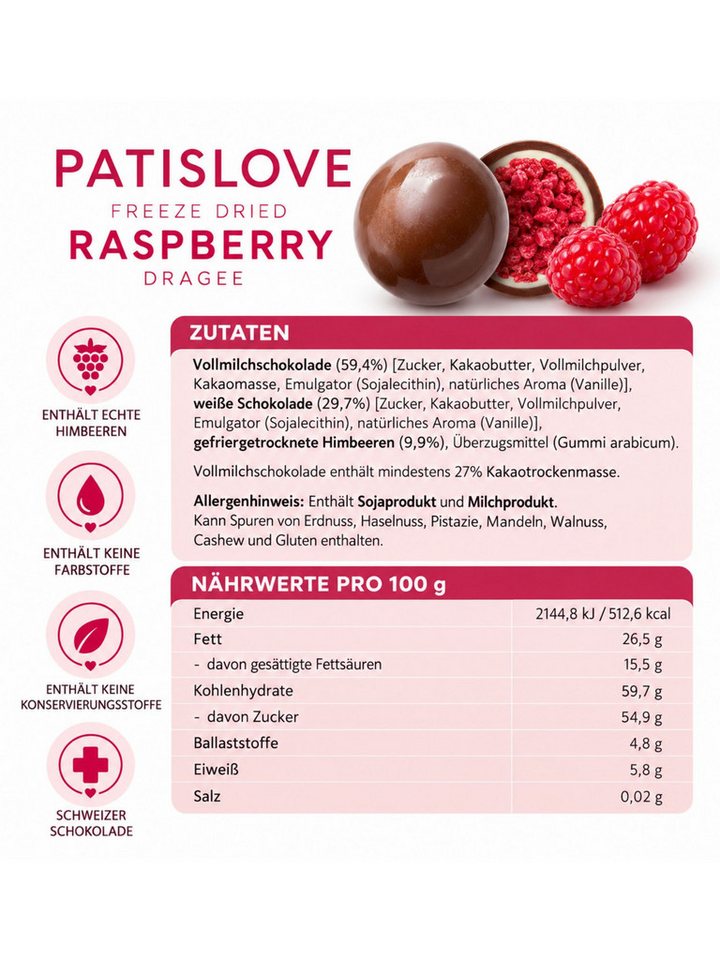 PATISLOVE Schokolade Himbeer Dragees, gefriergetrocknete Himbeeren, Vollmilch & weiß, 1 x 60 g, ohne Farb- und Konservierungsstoffe – Bild 4 von 5