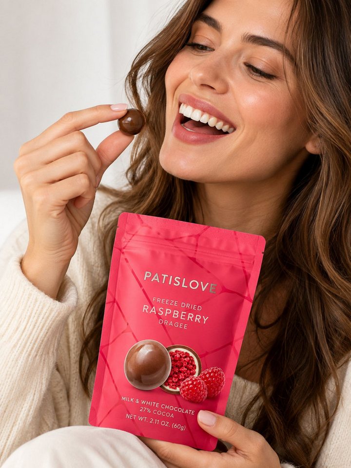 PATISLOVE Schokolade Himbeer Dragees, gefriergetrocknete Himbeeren, Vollmilch & weiß, 1 x 60 g, ohne Farb- und Konservierungsstoffe – Bild 5 von 5