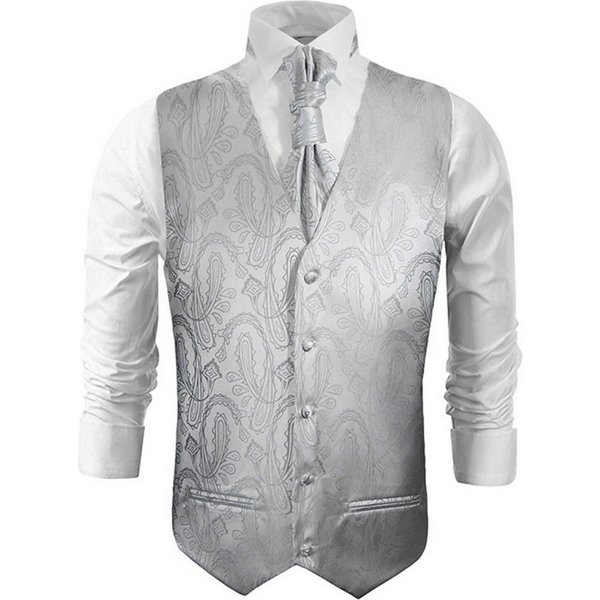 Paul Malone Anzugweste Herren Hochzeitsweste mit Plastron Set 2tlg paisley - Bräutigam (Set, 2-tlg., mit Weste und Plastron) silber grau V3