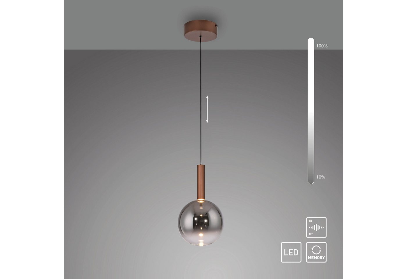 Paul Neuhaus LED Pendelleuchte BOWL, Memoryfunktion, LED fest integriert, Warmweiß, Dimmbar über Lichtschalter, Memory, Höhenverstellbar, Rauchgläser – Bild 5 von 5