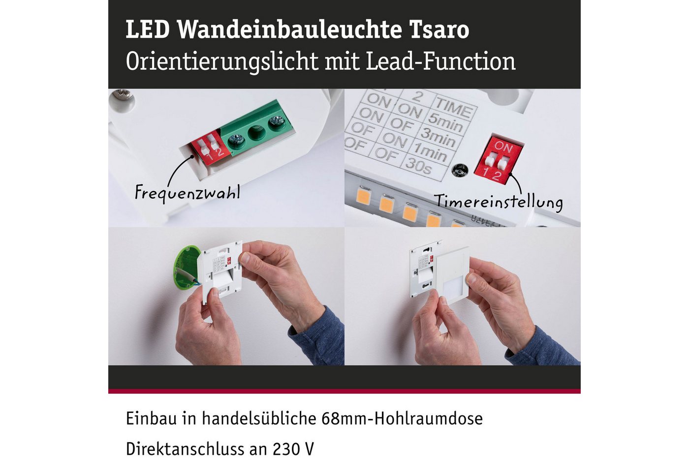 Paulmann LED Einbauleuchte LED Wandeinbauleuchte Tsaro eckig 80x36mm, LED fest integriert, Warmweiß – Bild 5 von 5