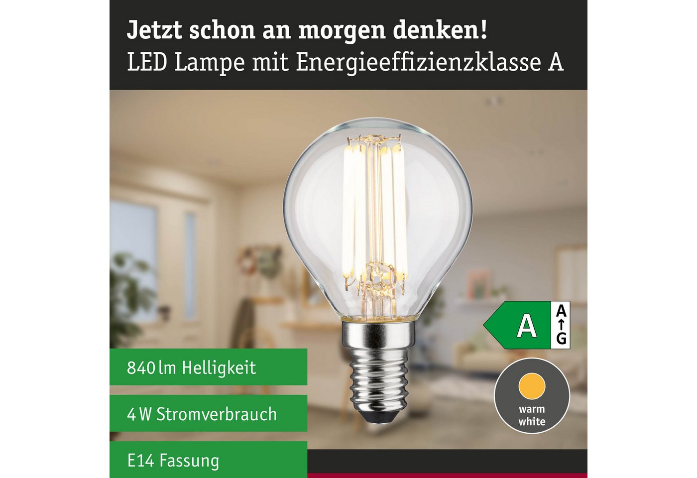 Paulmann LED-Filament Efficient-Line Filament 230V LED Tropfen E14 78 mm 840lm 4W 3000K Klar, E14, 1 St. – Bild 4 von 5