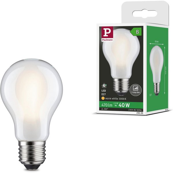 Paulmann LED-Leuchtmittel Efficient-Line Filament 230V LED Birne E27 470lm 2,5W 3000K dimmb.Matt, E27, 1 St., Warmweiß