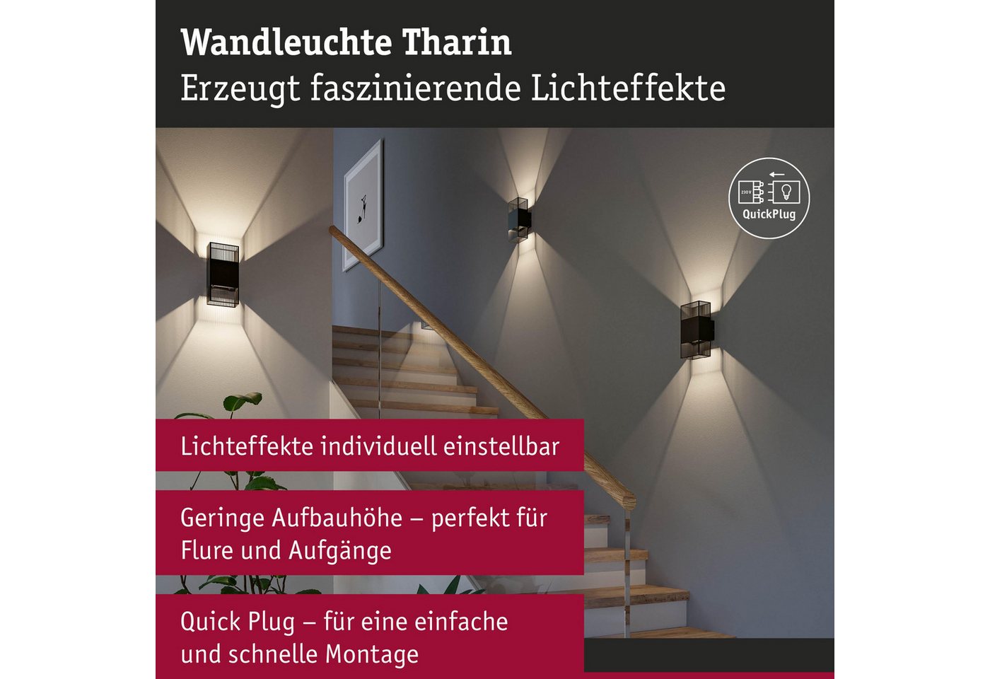Paulmann LED Wandleuchte Tharin, LED fest integriert, Warmweiß, spritzwassergeschützt – Bild 5 von 5
