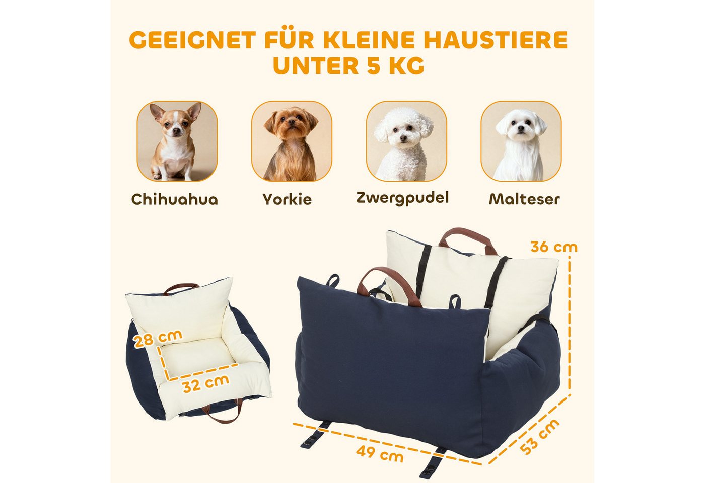 PawHut Hunde-Autositz mit Sicherheitsgurt, Baumwolle, für Kleine Hunde und Katzen Haustiere – Bild 3 von 5