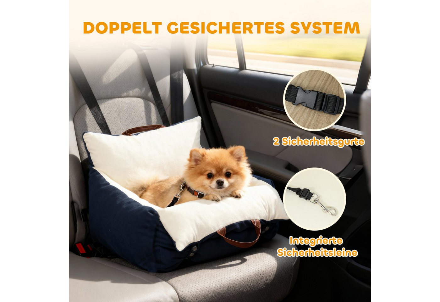 PawHut Hunde-Autositz mit Sicherheitsgurt, Baumwolle, für Kleine Hunde und Katzen Haustiere – Bild 4 von 5