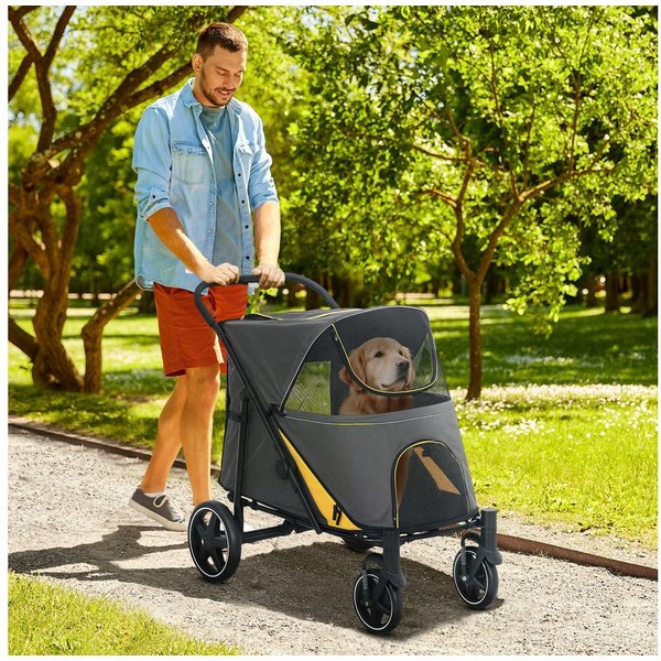 PawHut Hundebuggy Hundetrolley, Katzenbuggy mit Netzfenster und Sicherheitsleinen, (Hundewagen, 1-tlg), für große und mittelgroße Hunde, Oxfordstoff, Dunkelgrau