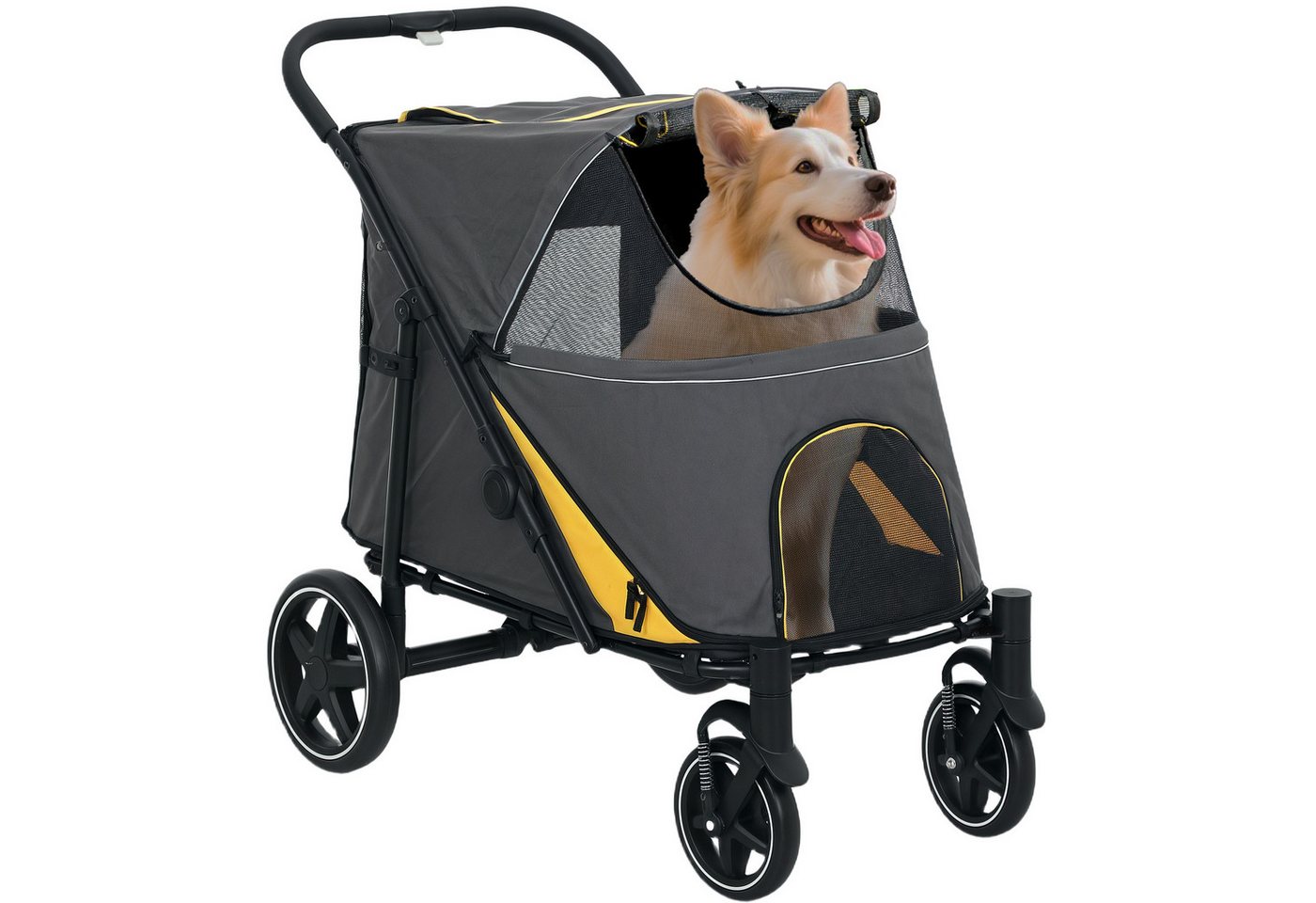 PawHut Hundebuggy Hundetrolley, Katzenbuggy mit Netzfenster und Sicherheitsleinen, (Hundewagen, 1-tlg), für große und mittelgroße Hunde, Oxfordstoff, Dunkelgrau – Bild 2 von 5