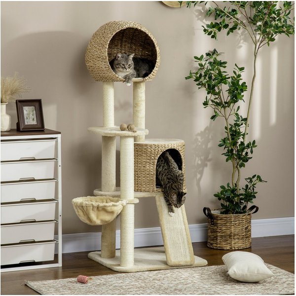PawHut Kratzbaum Kratzbaum, mehrstöckiger Katzenbaum mit Höhle, Plattform, Plüsch, Beige, 60 x 60 x 150 cm