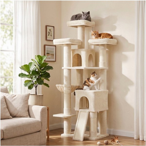 PawHut Kratzbaum Groß 184 cm hoch Katzenbaum mit 3 Dicke Kratzstämmen 2 Höhlen, für 1-3 Katzen unter 6 kg Beige