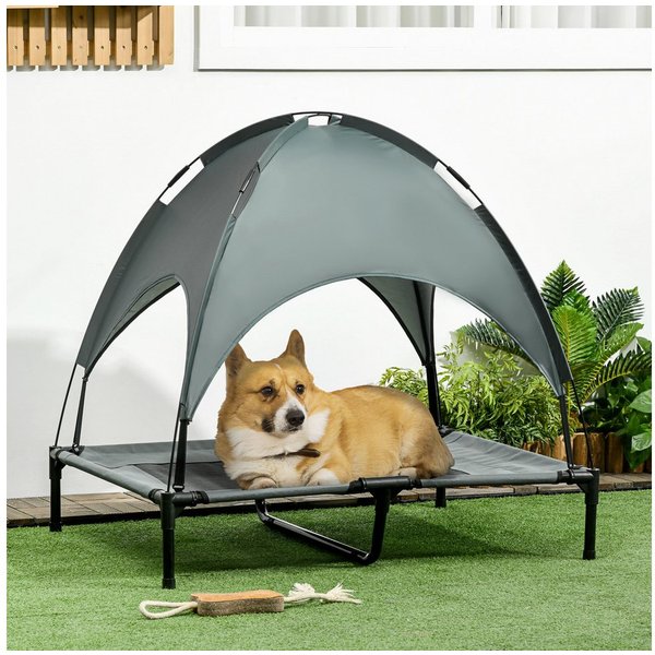 PawHut Tierbett Hundeliege mit Baldachin, erhöht, atmungsaktiv, für Camping, Oxford, Netzstoff, Taftstoff, für Garten, Balkon, Grau