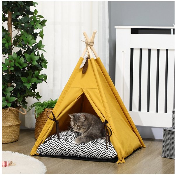 PawHut Tierbett Tipi Zelt, Katzenzelt mit abnehmbar und waschbar Kissen, Spielball, Oxfordstoff, für Katzen unter 5kg, Mini Hunde, 60 x 60 x 76 cm, Gelb