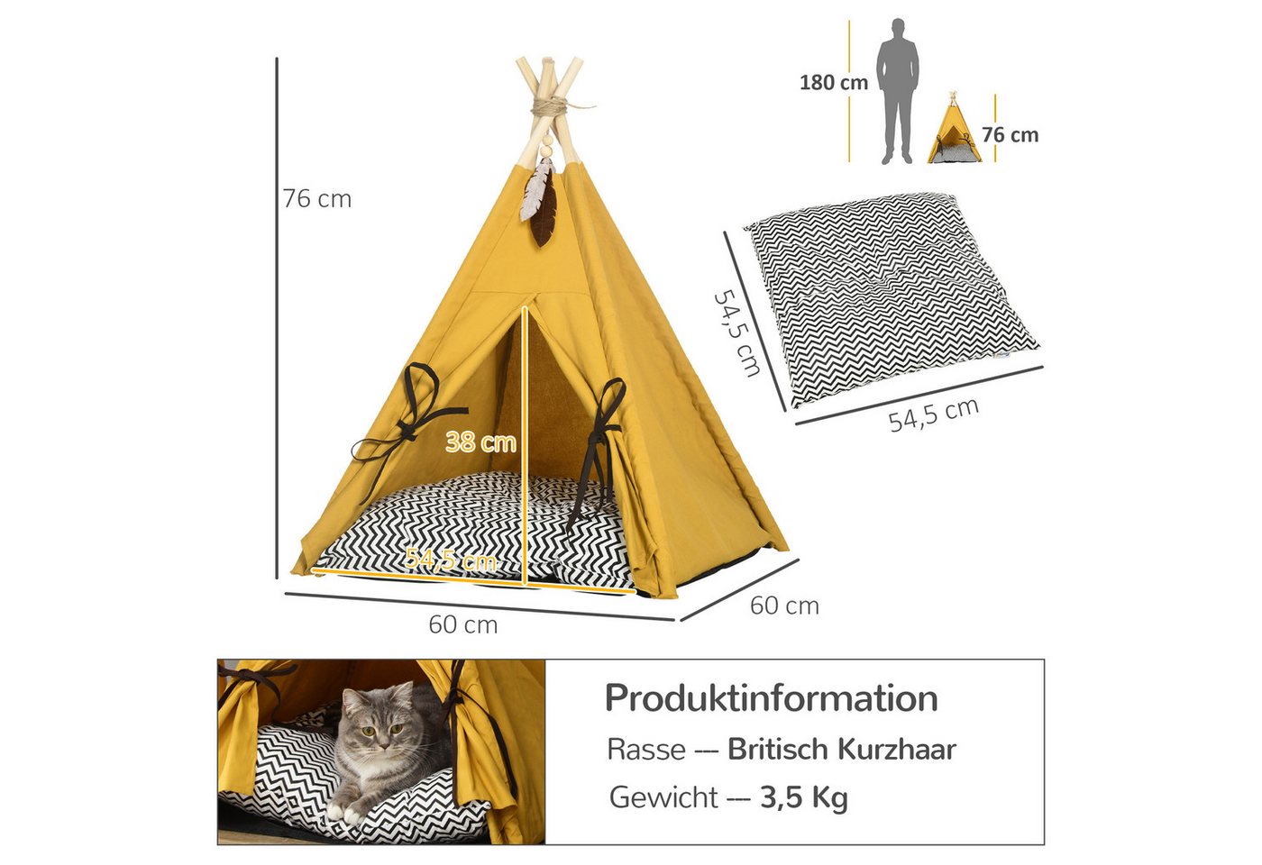 PawHut Tierbett Tipi Zelt, Katzenzelt mit abnehmbar und waschbar Kissen, Spielball, Oxfordstoff, für Katzen unter 5kg, Mini Hunde, 60 x 60 x 76 cm, Gelb – Bild 3 von 5