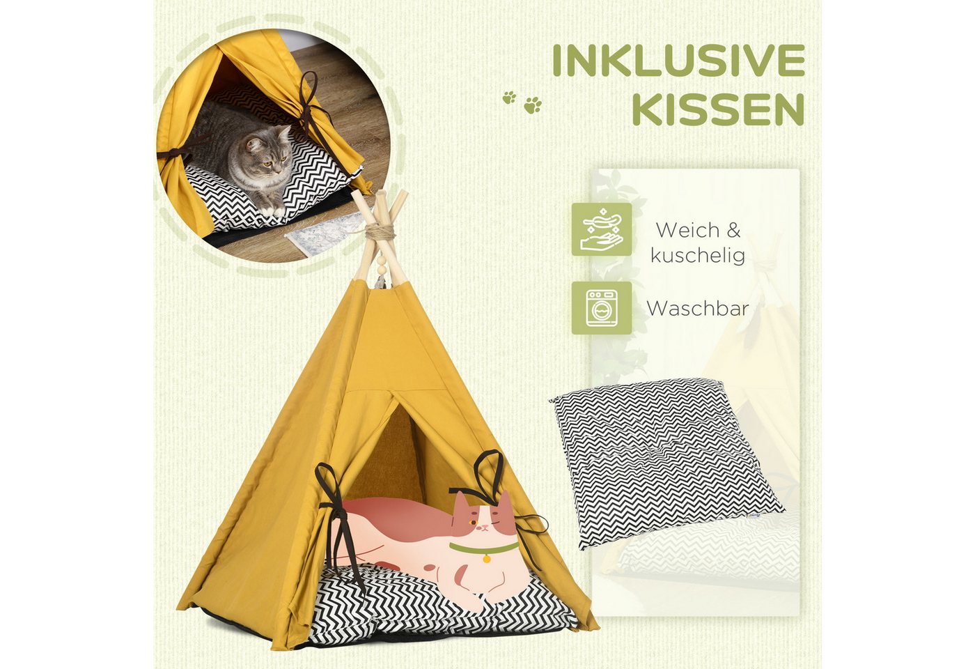 PawHut Tierbett Tipi Zelt, Katzenzelt mit abnehmbar und waschbar Kissen, Spielball, Oxfordstoff, für Katzen unter 5kg, Mini Hunde, 60 x 60 x 76 cm, Gelb – Bild 5 von 5