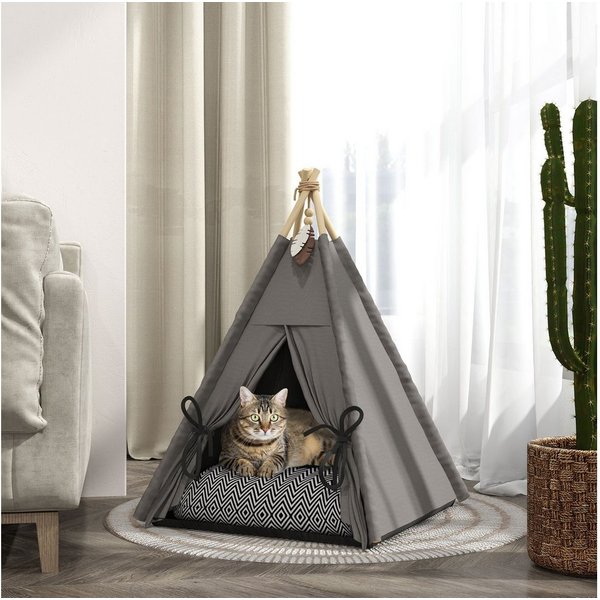 PawHut Tierbett Tipi Zelt, Katzenzelt mit abnehmbar und waschbar Kissen, Spielball, Oxfordstoff, für Katzen unter 5kg, Mini Hunde, 60 x 60 x 76 cm, Grau