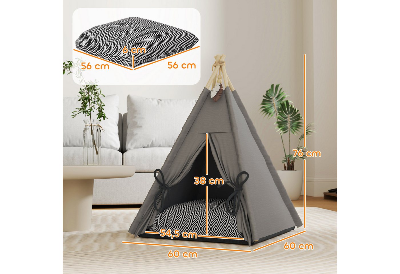 PawHut Tierbett Tipi Zelt, Katzenzelt mit abnehmbar und waschbar Kissen, Spielball, Oxfordstoff, für Katzen unter 5kg, Mini Hunde, 60 x 60 x 76 cm, Grau – Bild 3 von 5