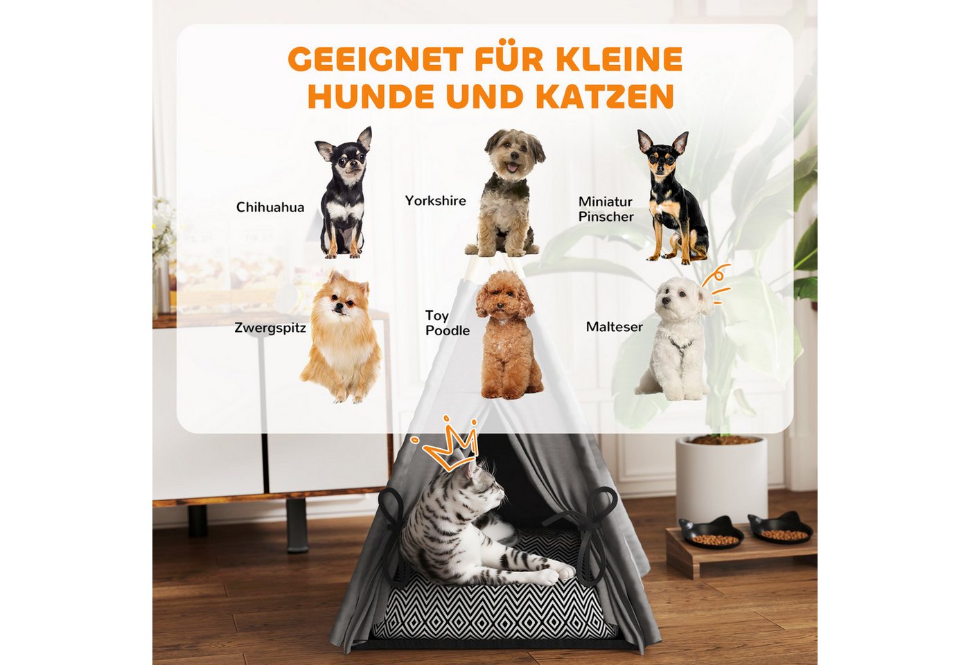 PawHut Tierbett Tipi Zelt, Katzenzelt mit abnehmbar und waschbar Kissen, Spielball, Oxfordstoff, für Katzen unter 5kg, Mini Hunde, 60 x 60 x 76 cm, Grau – Bild 4 von 5
