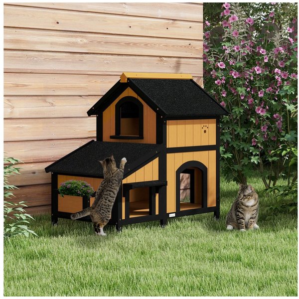 PawHut Tierhöhle Katzenhaus, Winterfest Katzenhütte, 2 Etagen, Blumenkasten, mit Asphaltadach, Blumenkasten, für Katzen bis 7 kg, Gelb