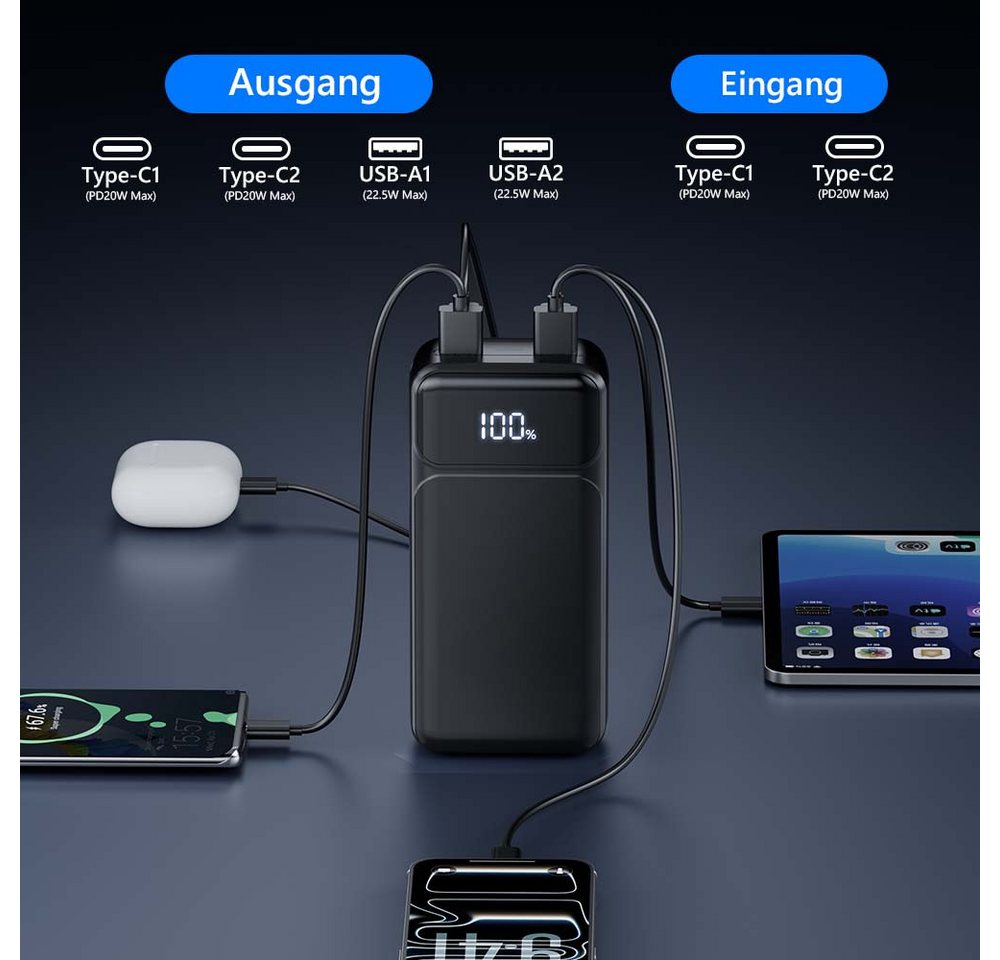 Pdgrid 22,5W 50000 mAh Schnellladung LED Anzeige Externer Akku Powerbank USB-C mit 4 Ausgängen & 2 Eingängen 23A 50000 mAh, LED-Display für iPhone, Samsung, iPa – Bild 3 von 5