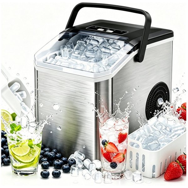 Pdgrid Eiswürfelmaschine 1.3L Edelstahl ice maker Eiswürfel in 6 Minuten geräuscharm, mit Selbstreinigung ,2 Größen/15 kg/24 H,LED-Anzeige,für Küche,Büro