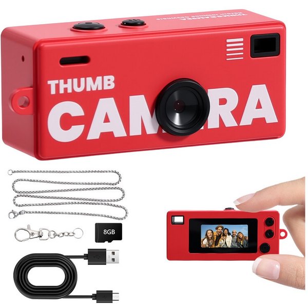 Pdgrid Retro Mini Daumenkamera 1080P mit Blitzlicht & 8GB TF-Karte Kompaktkamera (tragbar Kids Kamera, Schlüsselanhänger Digitalkamera, 1080 MP, 4 Filter mit Ty