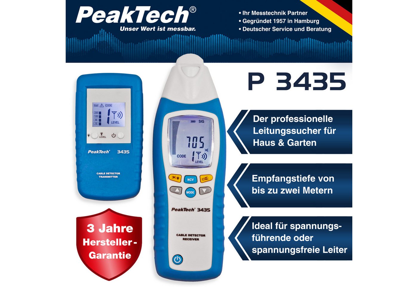 PeakTech Leitungsortungsgerät Leitungssucher Sender & Empfänger 2 m, NCV, Wände – Bild 2 von 5