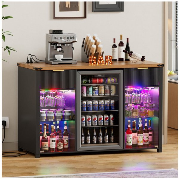 PEALOV Barschrank 3-in-1 Barschrank mit LED, Weinregal und Steckdosen, 135 x 50 x 98 cm (1-St) Buffetschrank mit Stauraum für Mini-Kühlschrank, Küche & Wohnzimm