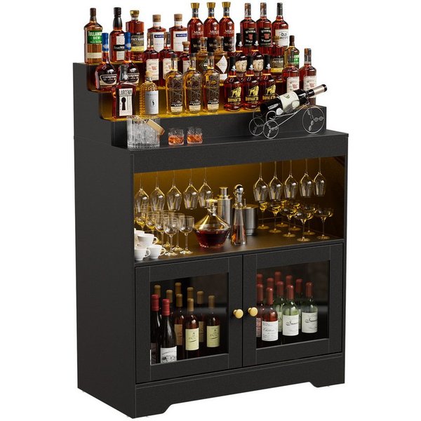 PEALOV Barschrank mit RGB-LED-Beleuchtung, Weinschrank mit Weinglashalter und Glastüren (1-St) 3-stöckiges Flaschenregal, Küchenschrank, Pantryschrank, 79,8x108