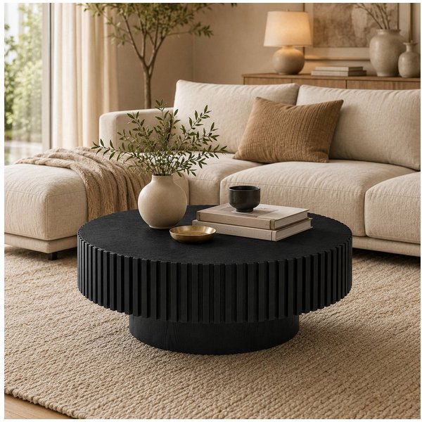 PEALOV Couchtisch Ø 80 × H 35 cm mit Rillenoptik (1-St), Moderner Sofatisch in Holzoptik für Wohnzimmer und Lounge